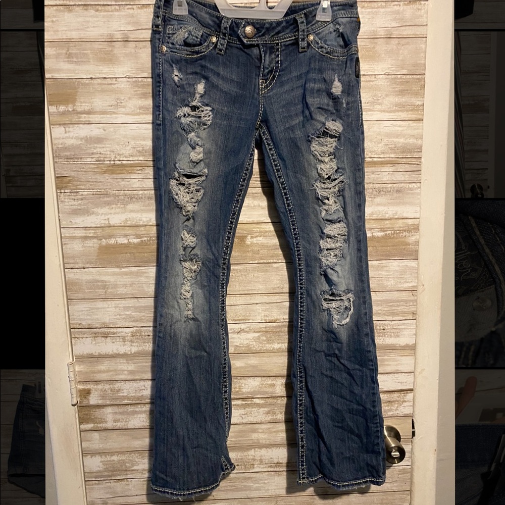 Silver Distressed Boot Cut Jeans Size W28/L31